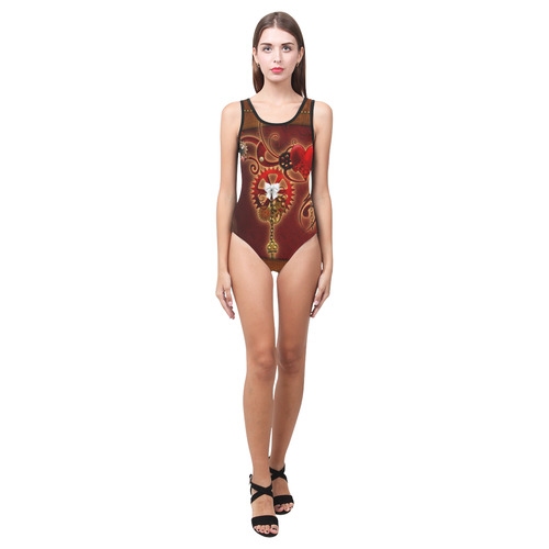 steampunk, hearts, clocks and gears Vest One Piece Swimsuit (Model S04)