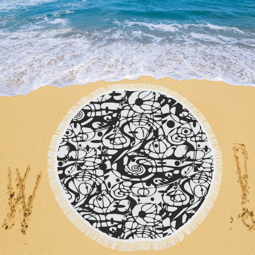 Crazy Spiral Shapes Pattern - Black White Circular Beach Shawl 59"x 59"