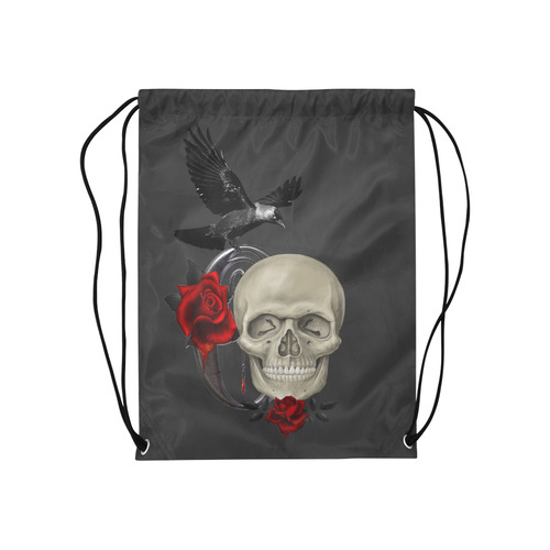 Gothic Skull With Raven And Roses Medium Drawstring Bag Model 1604 (Twin Sides) 13.8"(W) * 18.1"(H)