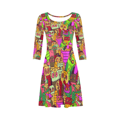 Cute Colorful Owls Nature Pattern 3/4 Sleeve Sundress (D23)