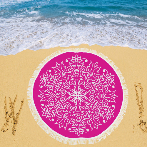 Symbol Ornaments Spring Life Mandala White Circular Beach Shawl 59"x 59"