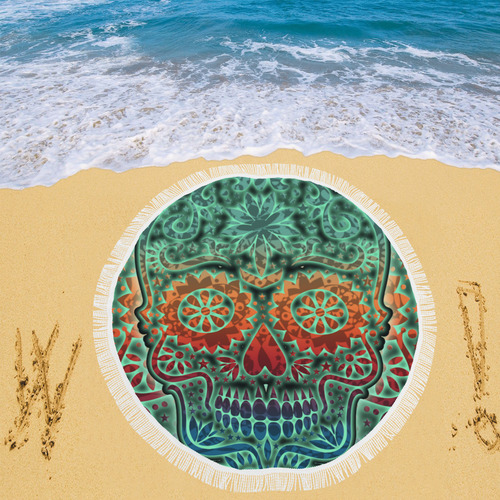 Día De Los Muertos DOUBLE SKULL Ornaments Grunge Circular Beach Shawl 59"x 59"