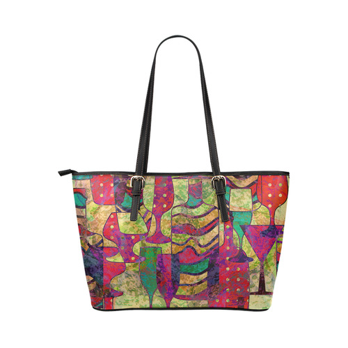 Colorful Abstract Bottles and Wine Glasses Leather Tote Bag/Small (Model 1651)