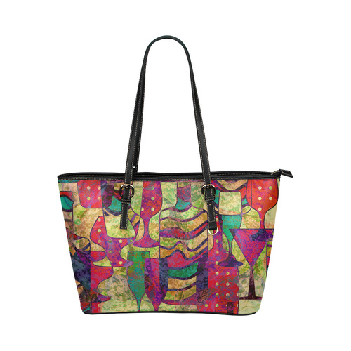 Colorful Abstract Bottles and Wine Glasses Leather Tote Bag/Small (Model 1651)