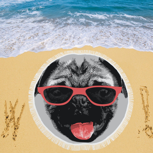 Cute PUG / carlin with red tongue & sunglasses Circular Beach Shawl 59"x 59"