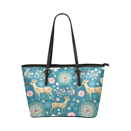Love Birds Hearts Flowers Deer Leather Tote Bag/Small (Model 1651)