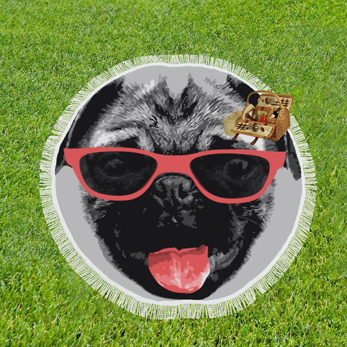 Cute PUG / carlin with red tongue & sunglasses Circular Beach Shawl 59"x 59"