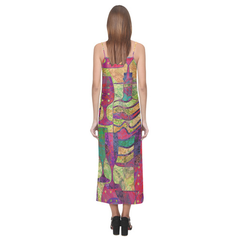 Colorful Abstract Bottles and Wine Glasses V-Neck Open Fork Long Dress(Model D18)
