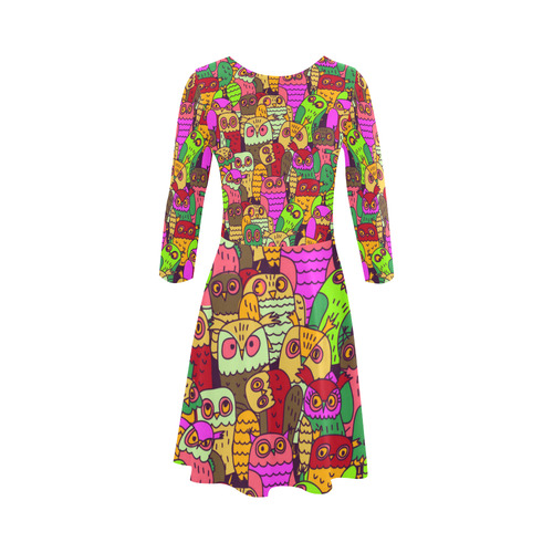 Cute Colorful Owls Nature Pattern 3/4 Sleeve Sundress (D23)