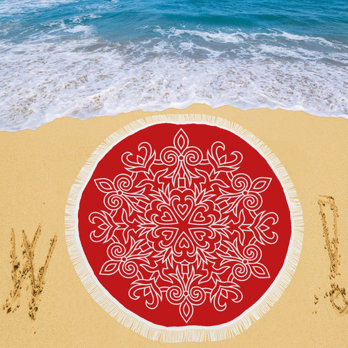 Symbol Ornaments Lily Heart Mandala White Circular Beach Shawl 59"x 59"