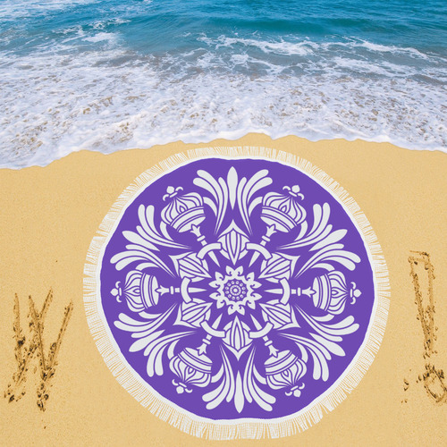 Symbol Ornaments Royal Crown Mandala White Circular Beach Shawl 59"x 59"