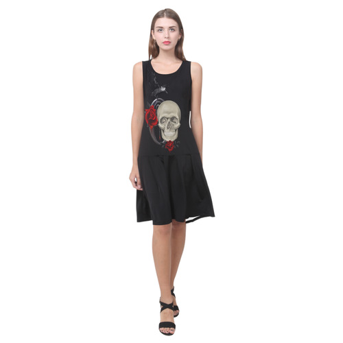 Gothic Skull With Raven And Roses Sleeveless Splicing Shift Dress(Model D17)