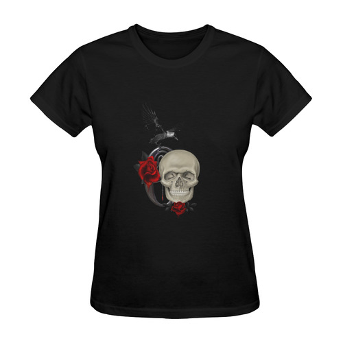 Gothic Skull With Raven And Roses Sunny Women's T-shirt (Model T05)