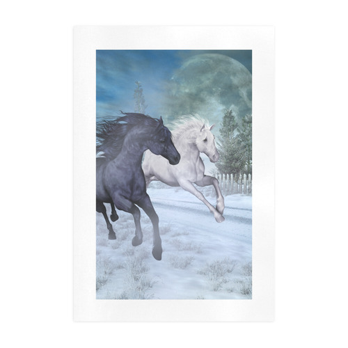 Two horses galloping through a winter landscape Art Print 19‘’x28‘’