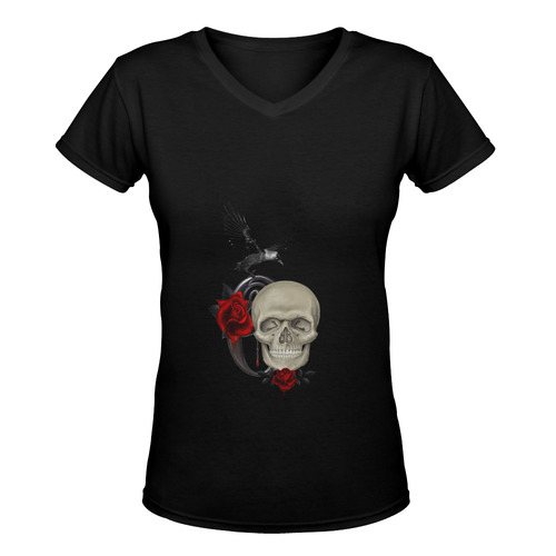 Gothic Skull With Raven And Roses Women's Deep V-neck T-shirt (Model T19)