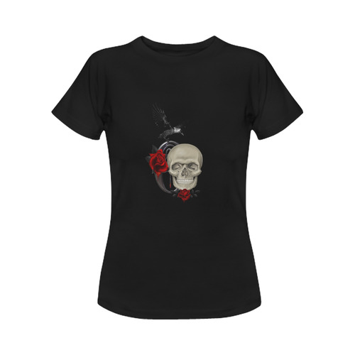 Gothic Skull With Raven And Roses Women's Classic T-Shirt (Model T17）