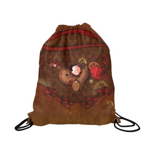 Steampunk heart with roses, valentines Large Drawstring Bag Model 1604 (Twin Sides)  16.5"(W) * 19.3"(H)