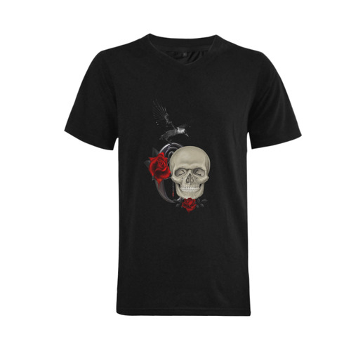Gothic Skull With Raven And Roses Men's V-Neck T-shirt  Big Size(USA Size) (Model T10)