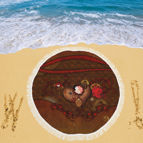 Steampunk heart with roses, valentines Circular Beach Shawl 59"x 59"