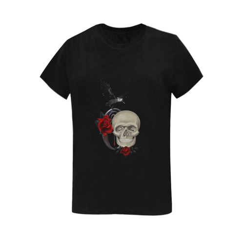 Gothic Skull With Raven And Roses Women's T-Shirt in USA Size (Two Sides Printing)