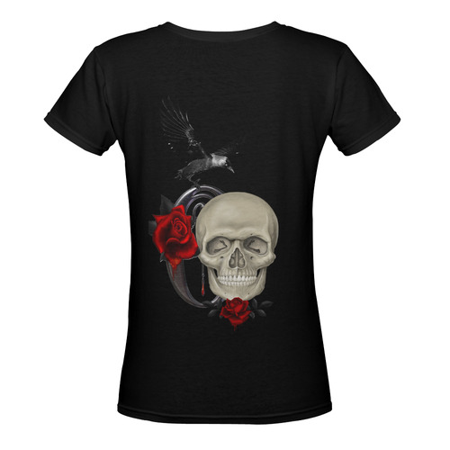 Gothic Skull With Raven And Roses Women's Deep V-neck T-shirt (Model T19)