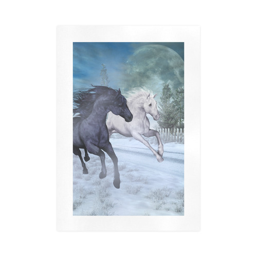 Two horses galloping through a winter landscape Art Print 16‘’x23‘’