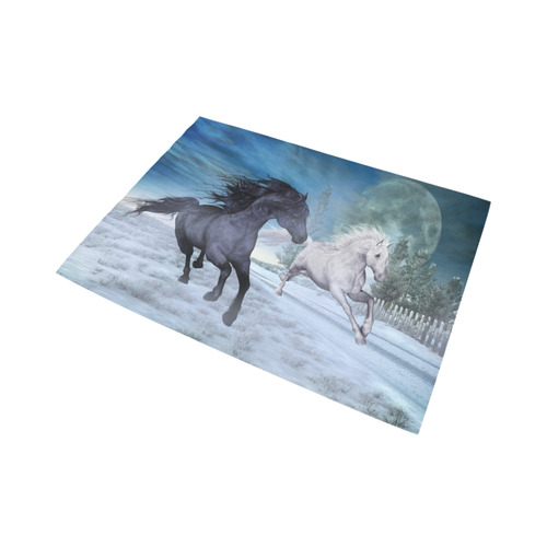 Two horses galloping through a winter landscape Area Rug7'x5'