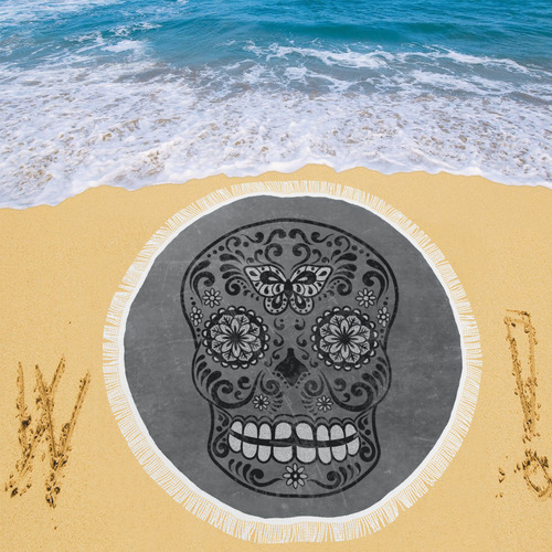 Dark gothic silver grey sugar skull Circular Beach Shawl 59"x 59"