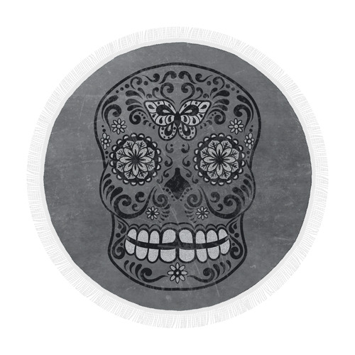 Dark gothic silver grey sugar skull Circular Beach Shawl 59"x 59"