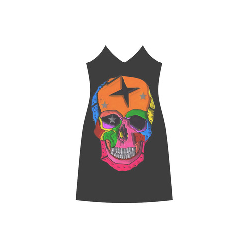 Skull Popart by Popart Lover V-Neck Open Fork Long Dress(Model D18)