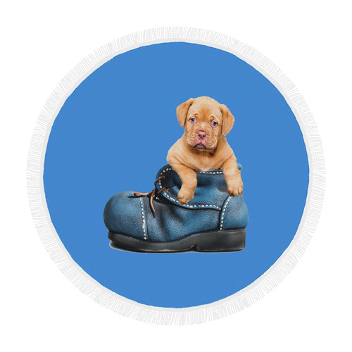 Lovely Puppy in a Blue Shoe Circular Beach Shawl 59"x 59"