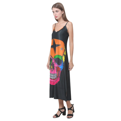 Skull Popart by Popart Lover V-Neck Open Fork Long Dress(Model D18)