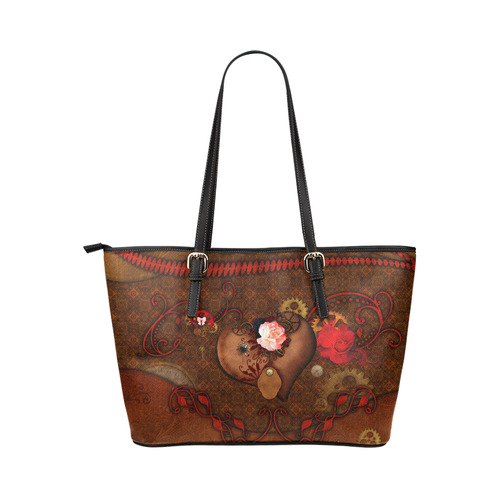 Steampunk heart with roses, valentines Leather Tote Bag/Small (Model 1651)