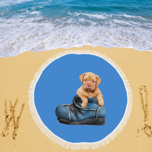 Lovely Puppy in a Blue Shoe Circular Beach Shawl 59"x 59"