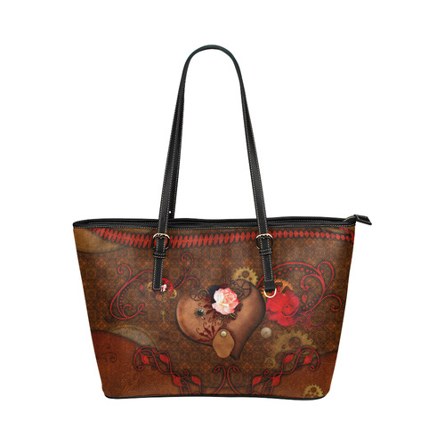 Steampunk heart with roses, valentines Leather Tote Bag/Small (Model 1651)