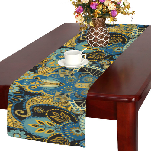 Beautiful Paisley Vintage Aqua Gold Floral Table Runner 14x72 inch