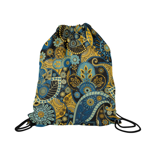 Beautiful Paisley Vintage Aqua Gold Floral Large Drawstring Bag Model 1604 (Twin Sides)  16.5"(W) * 19.3"(H)