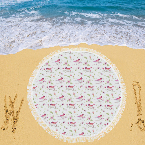 Lovely Pattern with Birds and Flowers Circular Beach Shawl 59"x 59"