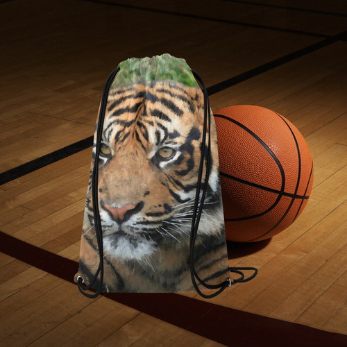 Beautiful Young Tiger Green Grass Detail Small Drawstring Bag Model 1604 (Twin Sides) 11"(W) * 17.7"(H)