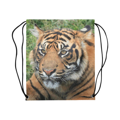 Beautiful Young Tiger Green Grass Detail Large Drawstring Bag Model 1604 (Twin Sides)  16.5"(W) * 19.3"(H)