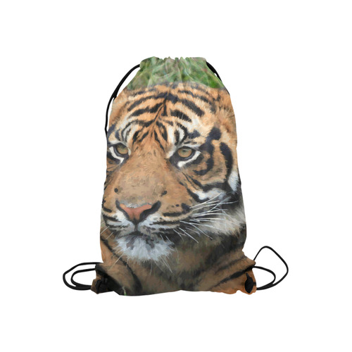 Beautiful Young Tiger Green Grass Detail Small Drawstring Bag Model 1604 (Twin Sides) 11"(W) * 17.7"(H)