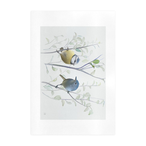 2 Cute Birds in Tree, watercolor Art Print 19‘’x28‘’