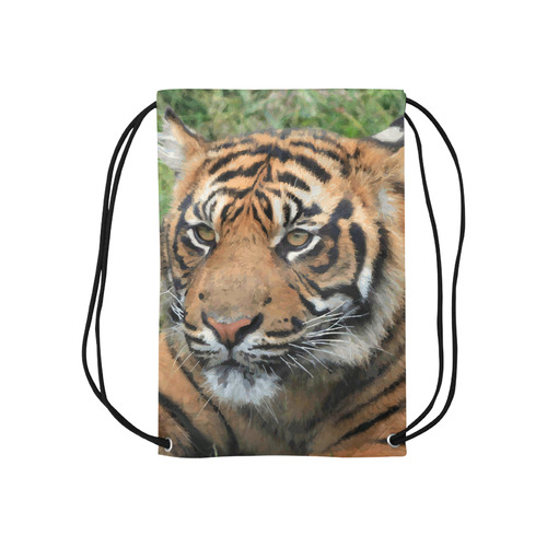 Beautiful Young Tiger Green Grass Detail Small Drawstring Bag Model 1604 (Twin Sides) 11"(W) * 17.7"(H)