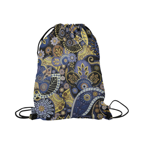 Royal Blue Gold Vintage Indian Floral Pattern Large Drawstring Bag Model 1604 (Twin Sides)  16.5"(W) * 19.3"(H)