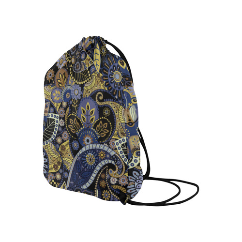 Royal Blue Gold Vintage Indian Floral Pattern Large Drawstring Bag Model 1604 (Twin Sides)  16.5"(W) * 19.3"(H)