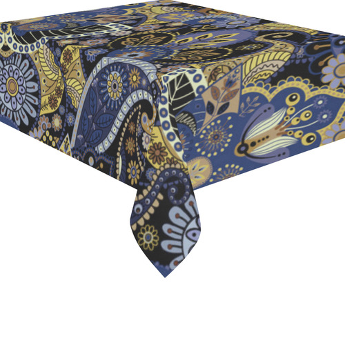 Royal Blue Gold Vintage Indian Floral Pattern Cotton Linen Tablecloth 52"x 70"