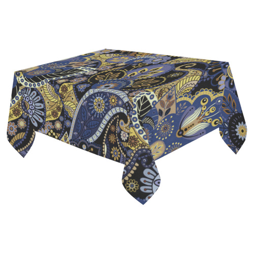 Royal Blue Gold Vintage Indian Floral Pattern Cotton Linen Tablecloth 52"x 70"