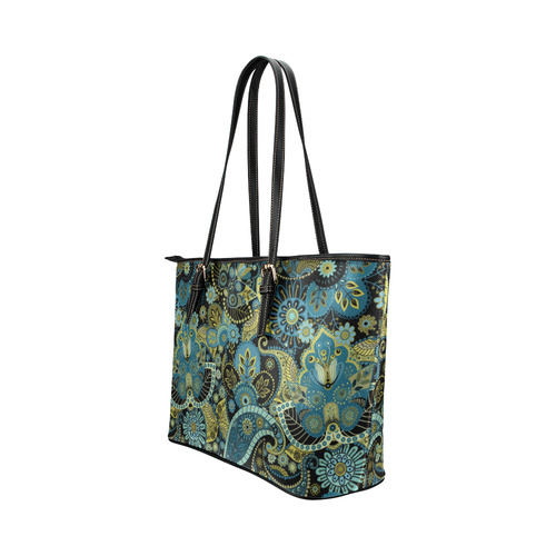 Gold Teal Vintage Indian Floral Pattern Leather Tote Bag/Large (Model 1651)