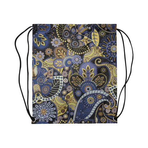 Royal Blue Gold Vintage Indian Floral Pattern Large Drawstring Bag Model 1604 (Twin Sides)  16.5"(W) * 19.3"(H)