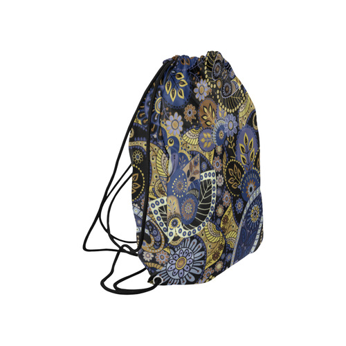 Royal Blue Gold Vintage Indian Floral Pattern Large Drawstring Bag Model 1604 (Twin Sides)  16.5"(W) * 19.3"(H)